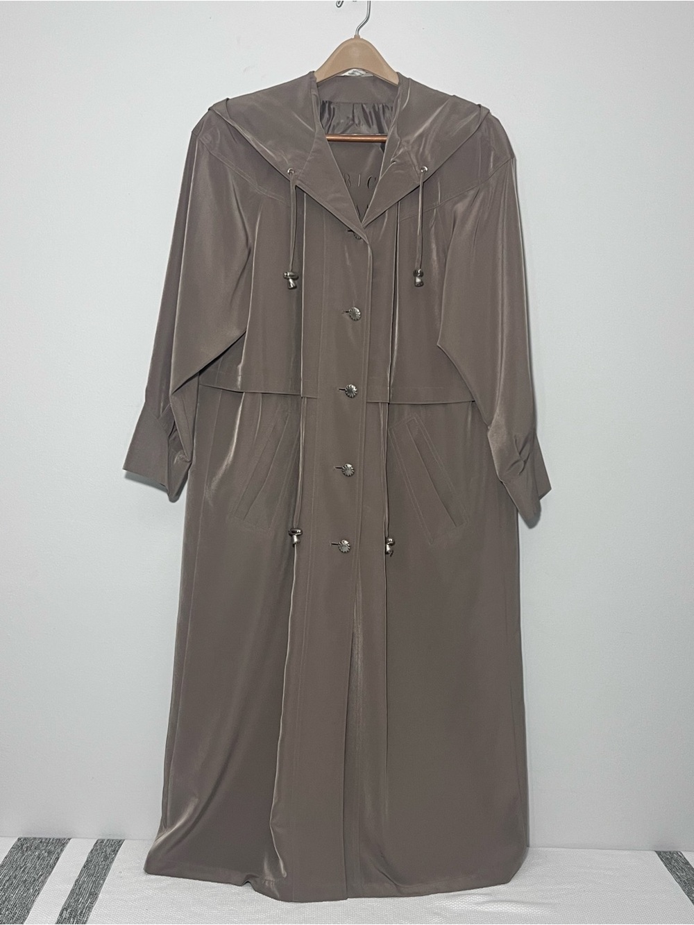 Vintage 90s American Bazaar Hooded Duster Trench Coat Taupe Size 12 Gorpcore